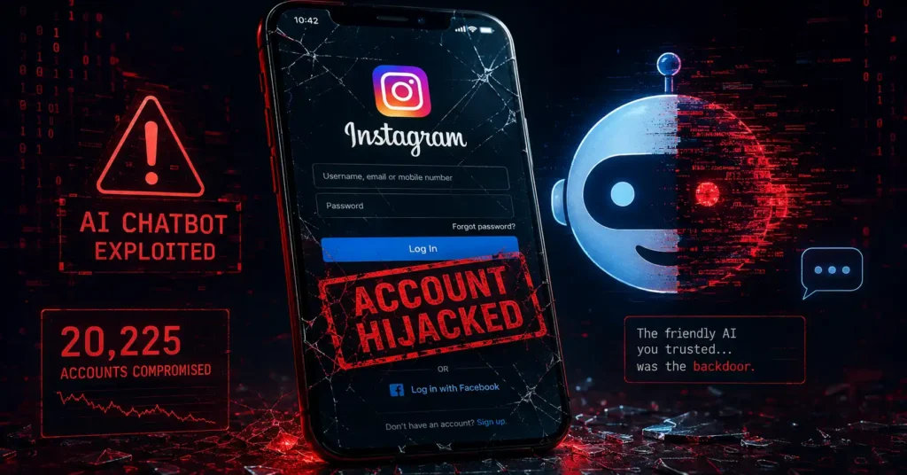 Hero image illustrating the Meta AI chatbot Instagram hack that compromised 20,225 accounts in 2026