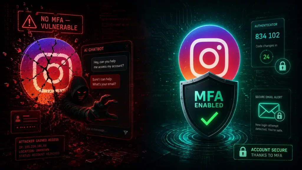 Illustration showing how enabling MFA protects Instagram accounts from AI chatbot exploits like the Meta hack