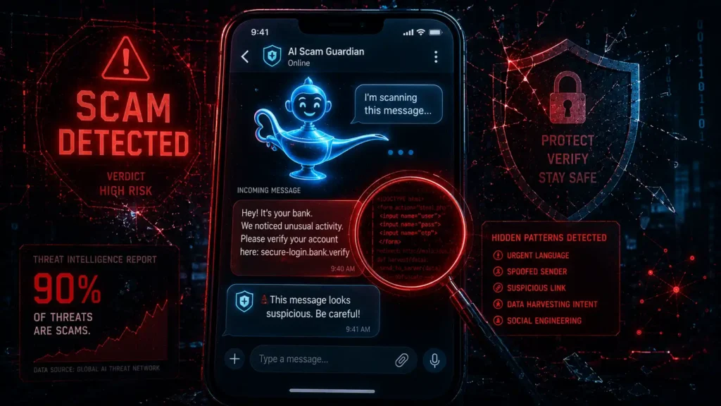 Hero image showing the Norton Genie AI scam detector analyzing a suspicious text message for scam patterns.