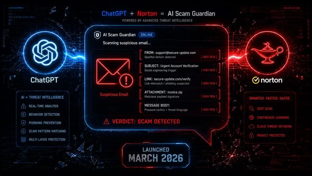 Illustration of the Norton Genie AI scam detector integration inside ChatGPT launched in March 2026.