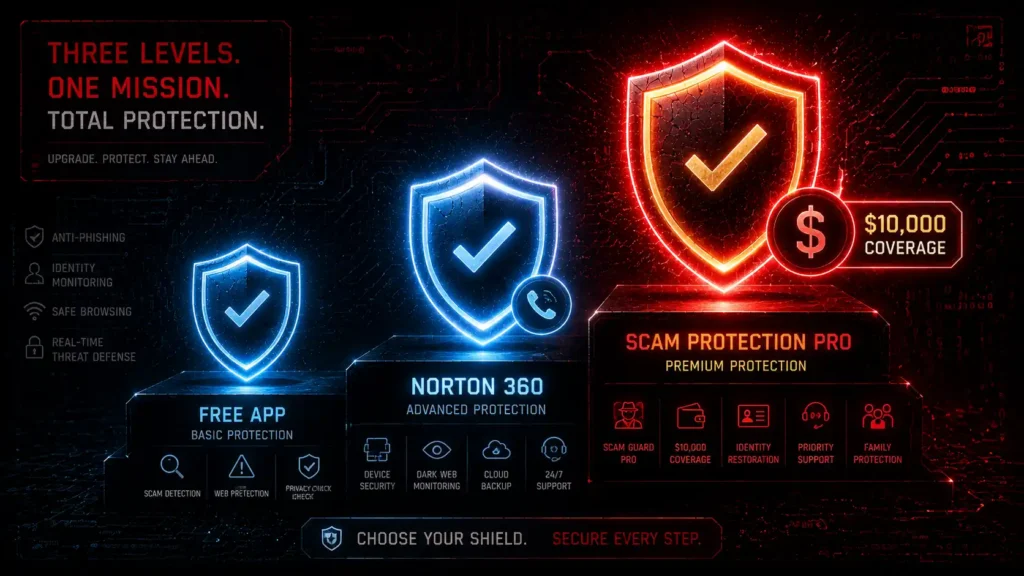 Comparison illustration of Norton Genie AI scam detector protection tiers from free to Scam Protection Pro.