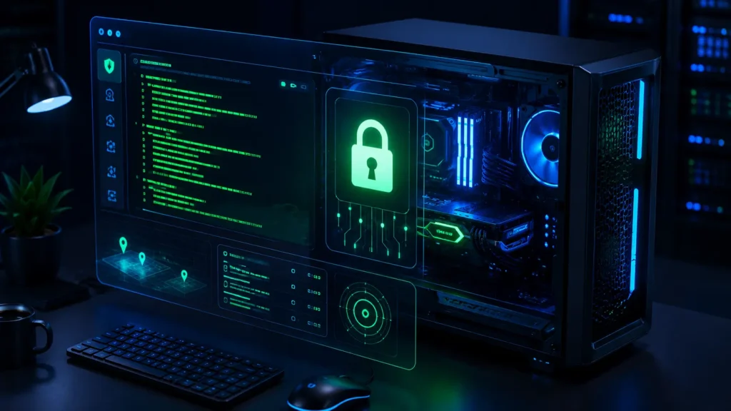 A high-tech terminal dashboard showing firewall settings and an encrypted server icon for securing open-source LLM deployments locally.