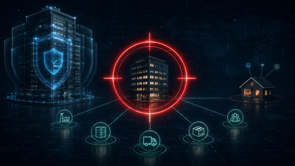 A conceptual graphic showing a mid-market organization caught in a threat crosshair between an enterprise tower and a small business, illustrating data from the 2026 Black Kite Ransomware Report.