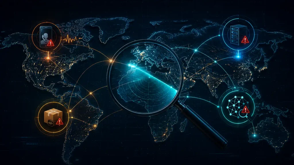 Illustration of a global threat map with connected icons for identity vishing, cloud hijacking, software supply chain compromise, and AI system targeting, visualizing key findings from the 2026 CrowdStrike Threat Hunting Report.