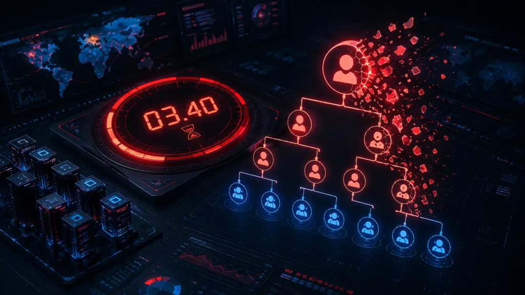 A late-night clock linked by a crimson threat vector to an identity node, showing the fast after-hours breach timeline tracking data from the 2026 Sophos Adversary Report.