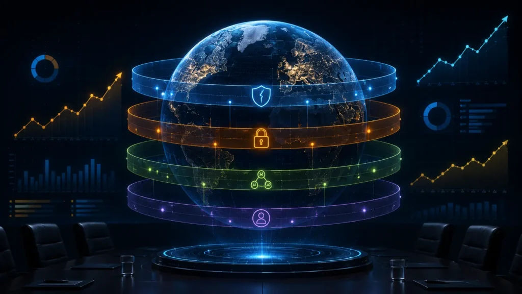 Illustration of a glowing global data sphere wrapped in layered threat-intelligence rings representing vulnerabilities, ransomware, and third-party risk, visualizing key findings from the 2026 Verizon DBIR report.