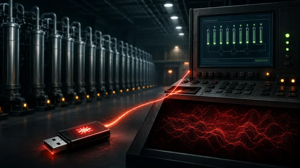 Illustration of an industrial control room with a glowing USB drive connected to a deceptively normal control panel display, representing the process of analyzing the Stuxnet exploit and its hidden sabotage of physical centrifuges.