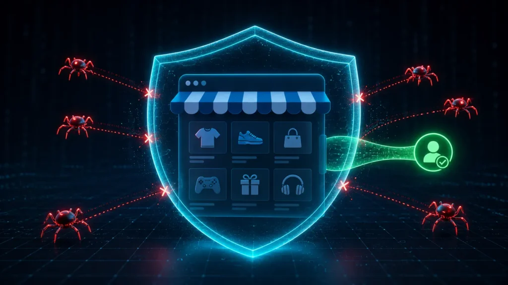Illustration of a shield blocking spider-like bot icons from reaching an online storefront while allowing a verified human visitor through, representing blocking AI data scraping on Shopify stores.