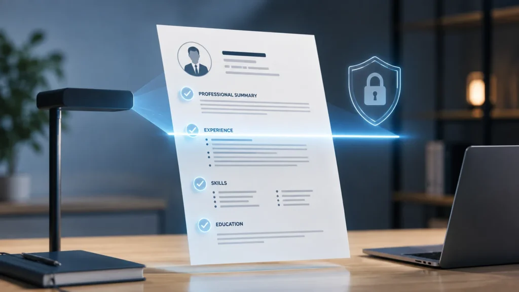 Illustration of a resume document being scanned by a soft glowing beam with checkmarks over well-formatted sections, representing how job seekers can approach blocking AI resume screeners safely and effectively.