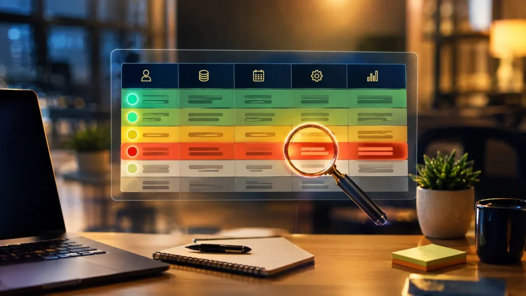 A color-coded matrix chart floating over a desk, demonstrating the process of building a startup risk register across five columns.