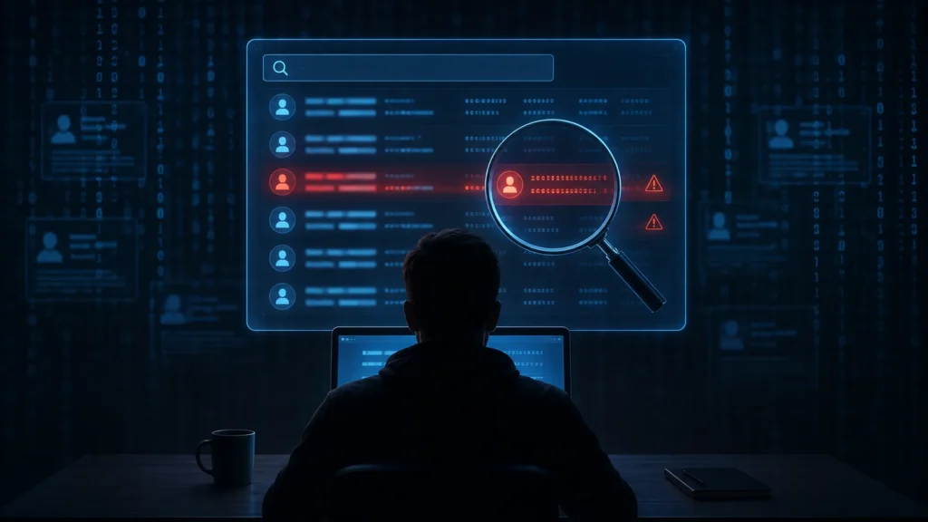 Illustration of a person searching a breach database on their laptop with flagged entries highlighted in red, representing how to check if your personal emails were leaked.