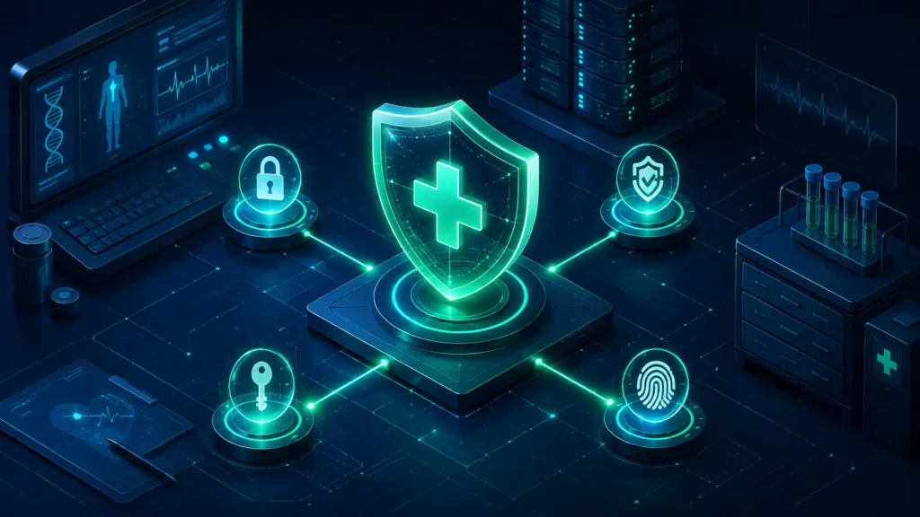 An isometric technical schematic detailing four rigid control measures used when conducting a HIPAA assessment to protect patient information assets.