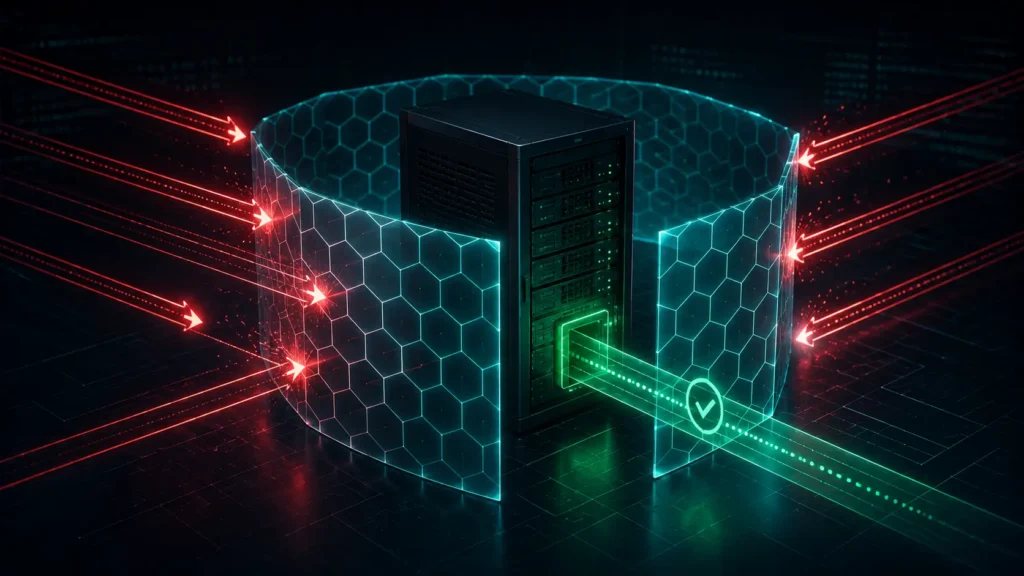 Illustration of a hexagonal firewall barrier around a server blocking red intrusion attempts while allowing one authenticated green connection through, representing configuring Linux firewalls to restrict external access.