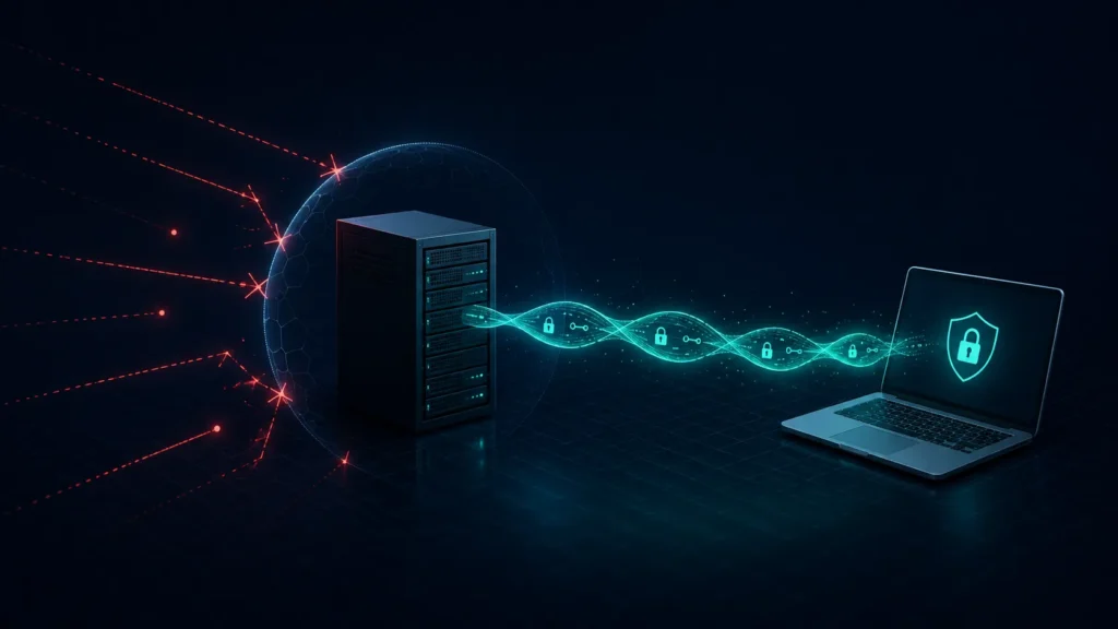 Illustration of an encrypted tunnel connecting a server and laptop while blocking unauthorized connection attempts, representing the process of configuring WireGuard on Ubuntu to isolate development environments.