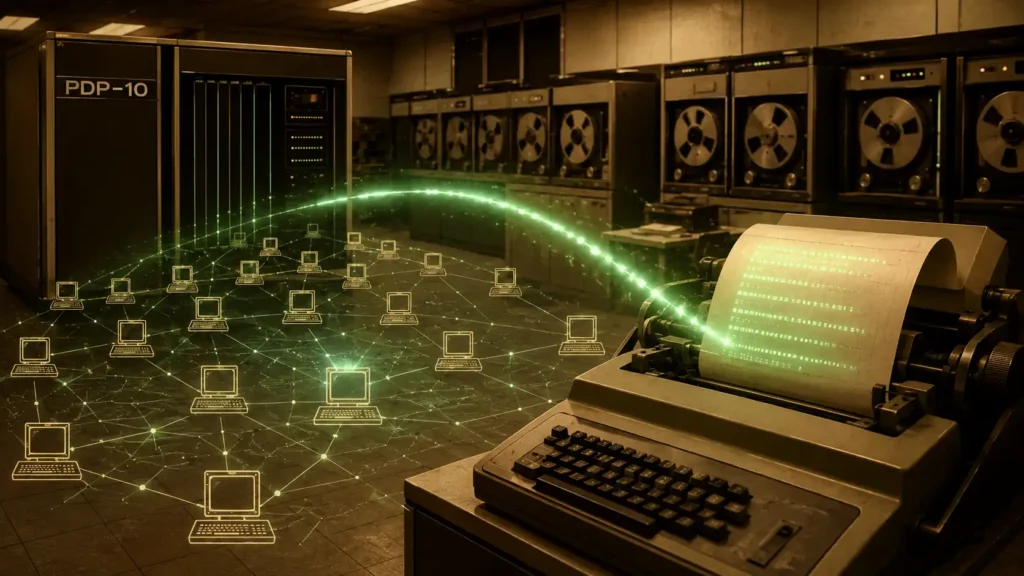 Illustration of a vintage 1970s DEC PDP-10 mainframe and Teletype terminal with a glowing network trail, representing the story of dissecting the Creeper Worm, the first self-replicating program on ARPANET.