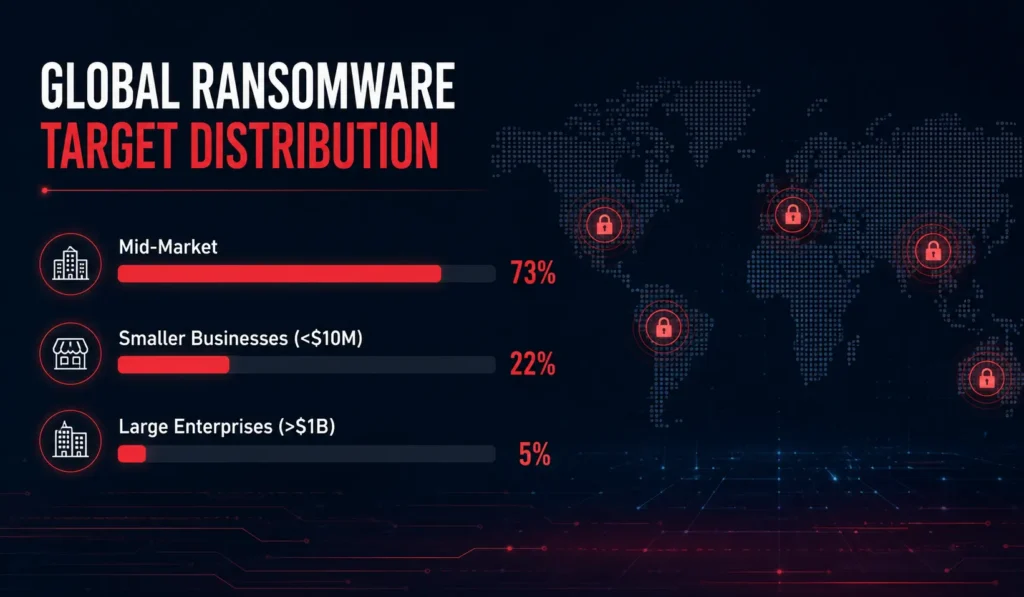 An infographic chart displaying global ransomware target distribution metrics, highlighting that mid-market firms absorb seventy-three percent of incidents according to the 2026 Black Kite Ransomware Report.