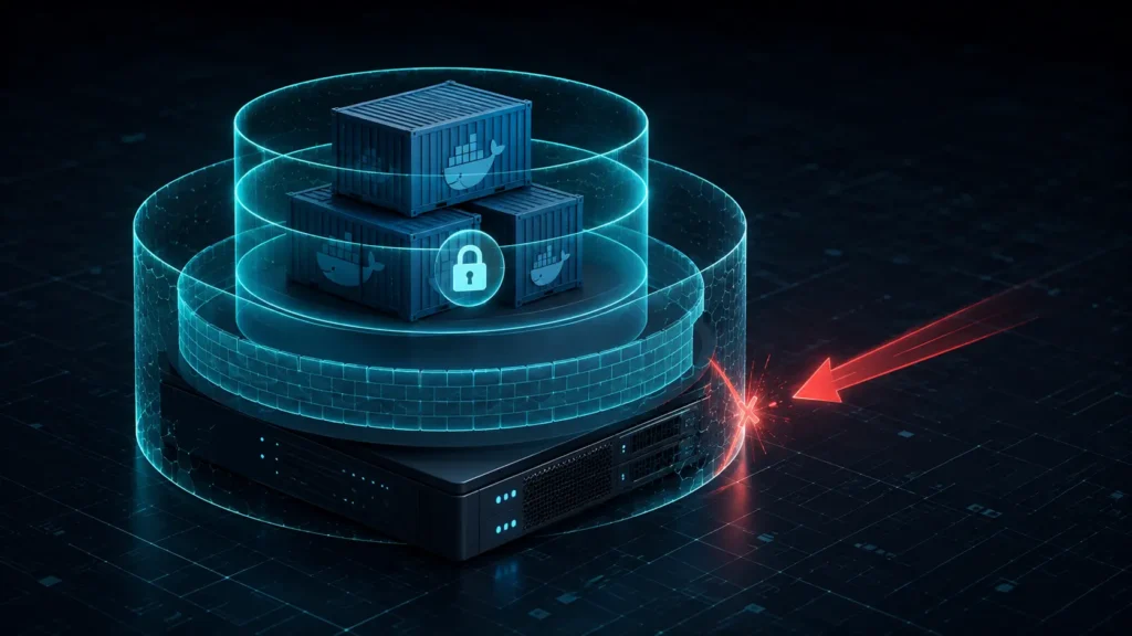 A diagram of stacked container elements enclosed in defensive security boundaries blocking an exploitation thread from breaking out, demonstrating the process of hardening Docker daemon configs.