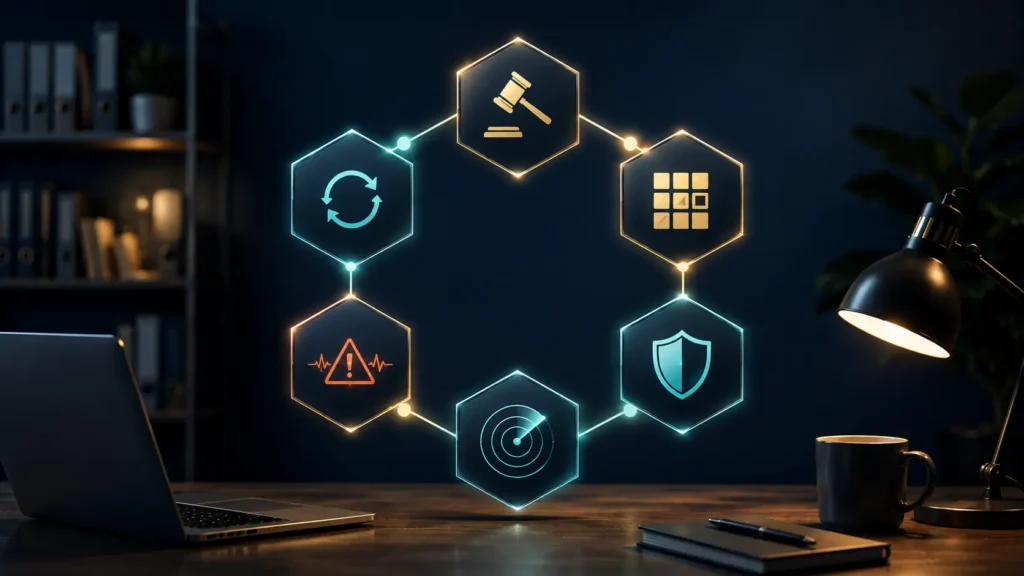 An interconnected six-node network loop visualizing the continuous security steps required when implementing NIST frameworks to protect internal data perimeters.
