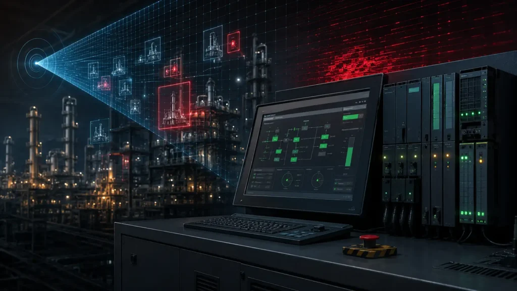Illustration of an industrial control room with a PLC rack and HMI display showing a deceptively normal readout while a hidden intrusion pattern glows beneath the surface, representing the NSA Siemens PLC Advisory warning of active threats to critical infrastructure.