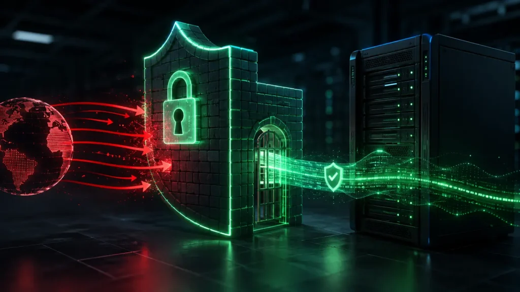 Illustration of a security shield wall blocking direct internet traffic to a server while allowing encrypted proxy connections through, representing Ollama behind a secure reverse proxy.