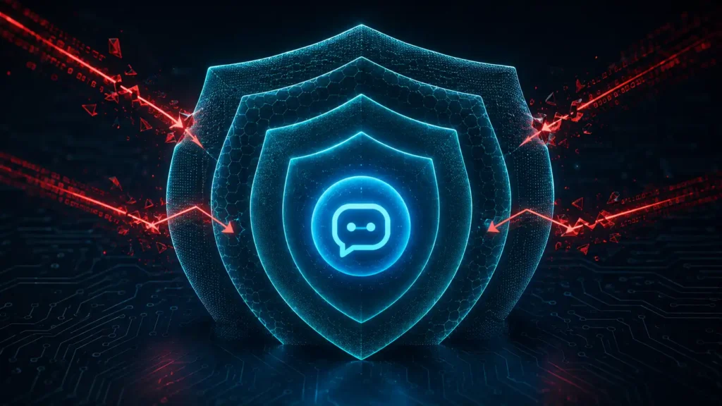 Illustration of three layered shield rings protecting a chatbot icon from incoming attack fragments, representing open-source LLM guardrails to secure your custom chatbots.