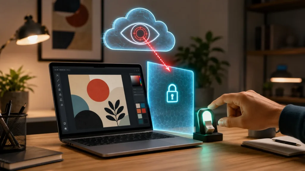 Illustration of a creative professional toggling off a cloud scanning icon above their design laptop, representing opting out of Adobe AI content training.