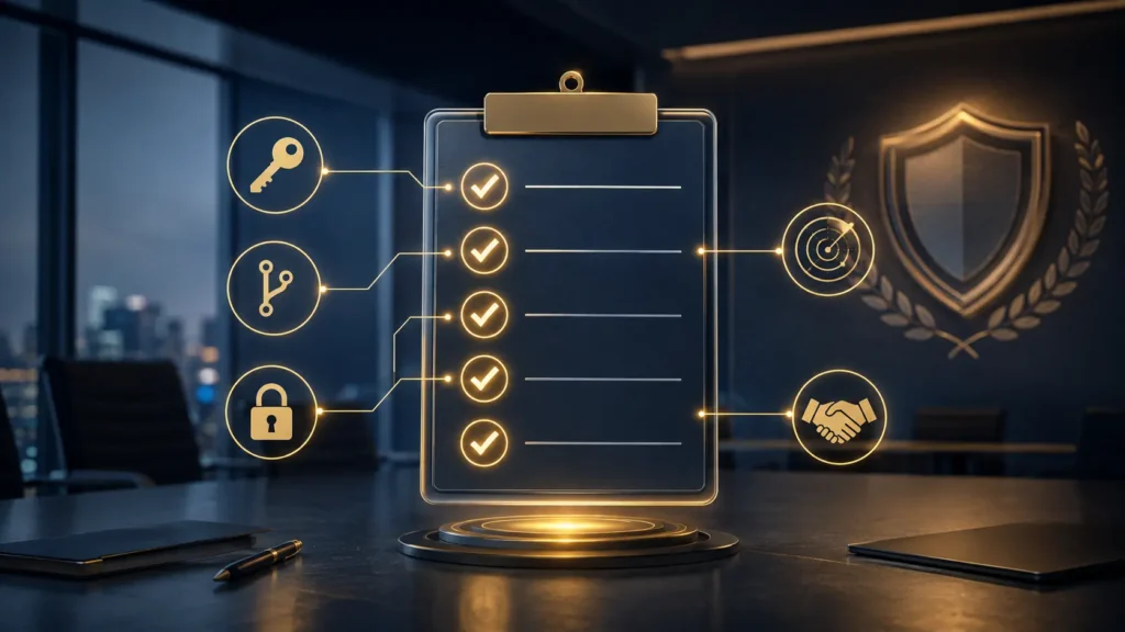 Illustration of a five-point compliance checklist connected to icons for access control, encryption, monitoring, and vendor review, representing the process of passing a SOC 2 audit.