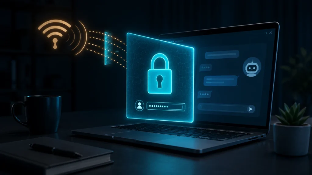 Illustration of a padlocked login prompt blocking Wi-Fi signal access to a local AI chat interface, representing how to password protect a Llama 3 Web UI.