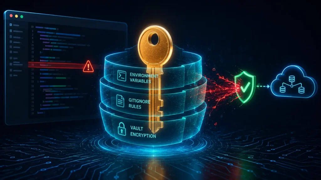 Illustration of a glowing API key protected by layered shields blocking a leak attempt toward a public repository, representing how to prevent API key leakage when building local AI applications.