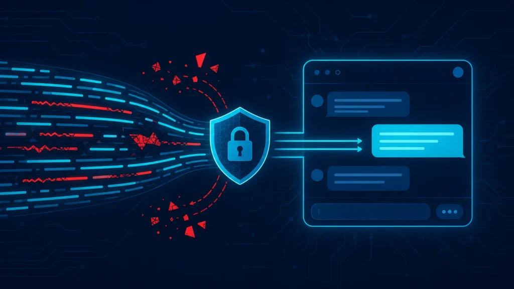 Illustration of a shield filtering malicious injected text from a chat input stream before it reaches an AI chatbot interface, representing prompt injection prevention in LangChain applications.