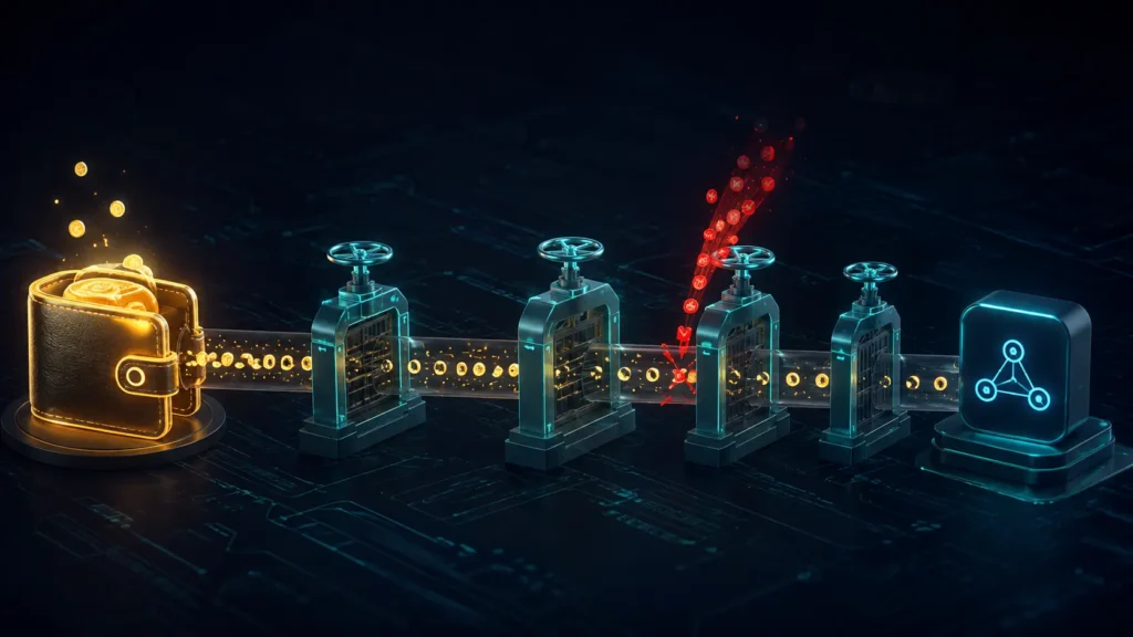 Illustration of layered gate valves throttling a stream of token particles flowing toward a digital wallet icon, representing implementing rate limiting for OpenAI API endpoints to prevent billing attacks.