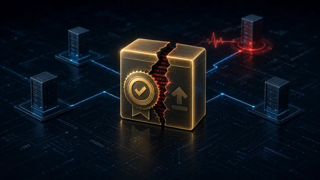 A technical layout showing a legitimate software certificate validation layout compromised by a hidden threat vector, visualizing the architecture of reconstructing the SolarWinds hack.