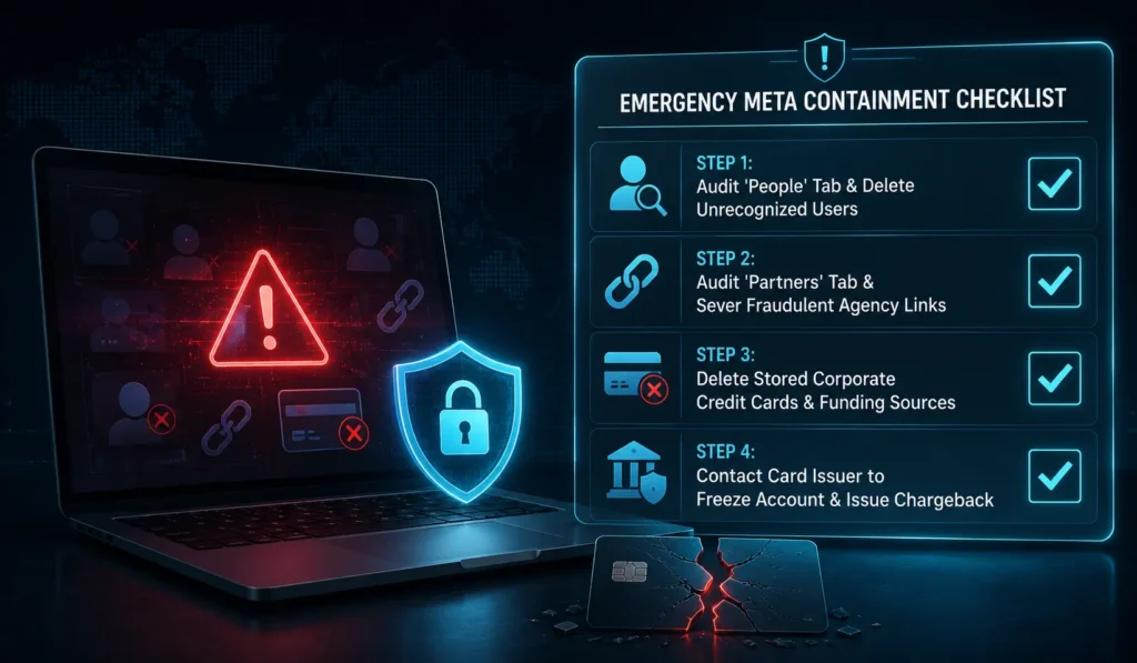 An infographic detailing the emergency incident response checklist for recovering hacked business Meta accounts, highlighting user audits, partner link removal, and card isolation.