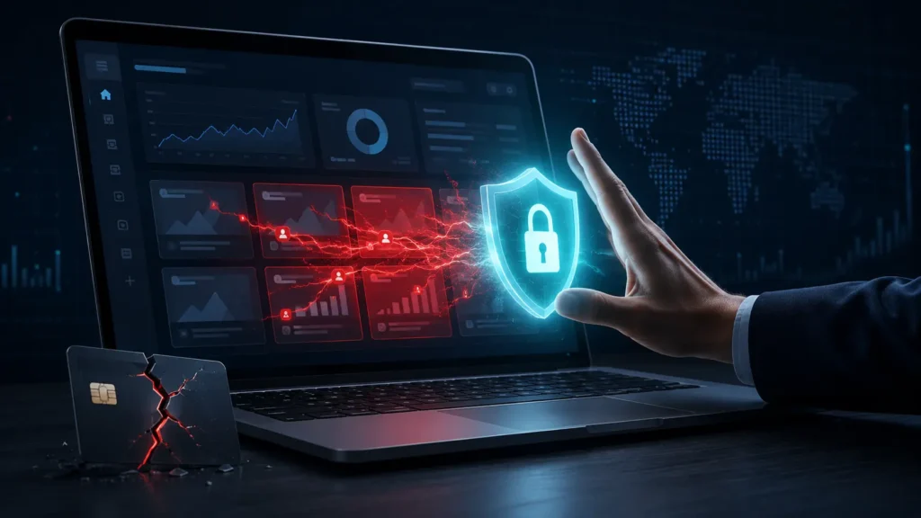 A technical diagram showing an infrastructure dashboard being locked down by a digital shield, demonstrating the sequence for recovering hacked business Meta accounts.