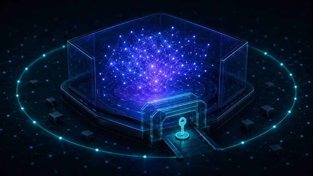 A conceptual schematic of an illuminated vector data cluster inside a protected cryptographic repository, demonstrating the process of securing Pinecone vector databases.