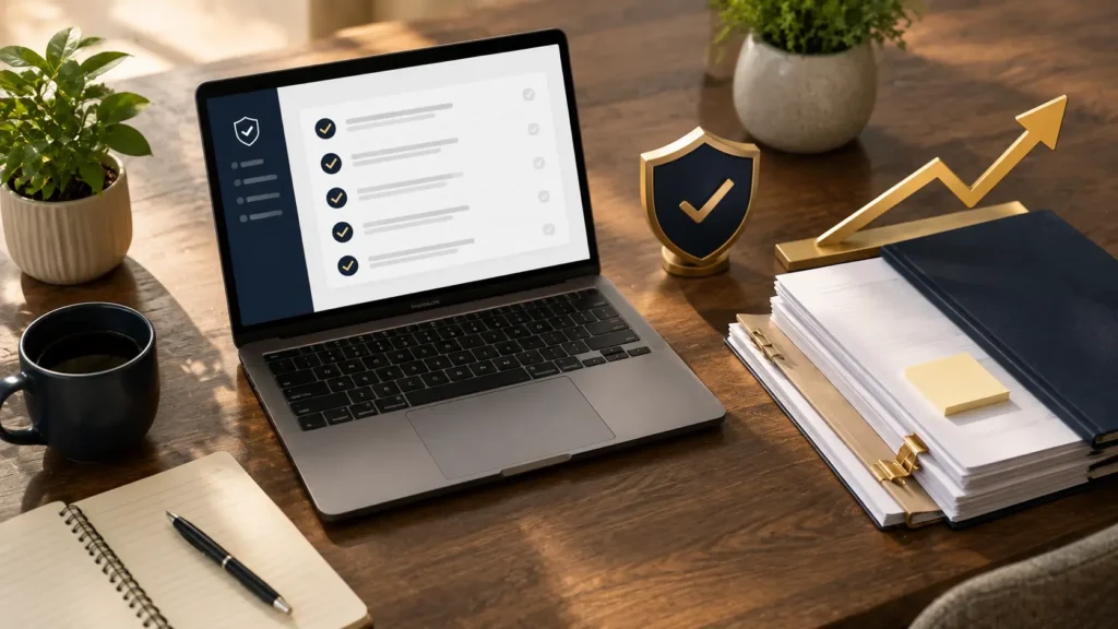 Illustration of an organized desk with a checklist, shield icon, and documents representing a small business following a structured GRC roadmap toward enterprise-grade compliance.