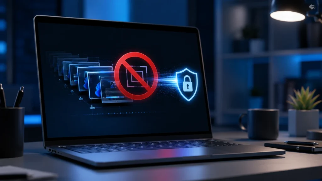 A Windows 11 laptop screen showing a blocked timeline of automatic screenshots, illustrating how to stop Windows 11 Recall from recording private on-screen activity.
