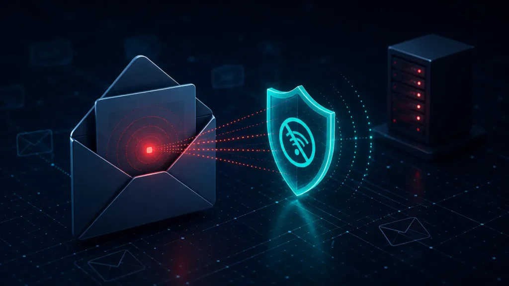 A conceptual graphic showing a security shield blocking a covert signal from an email tracking pixel, visualizing the process of stopping email tracking pixels.