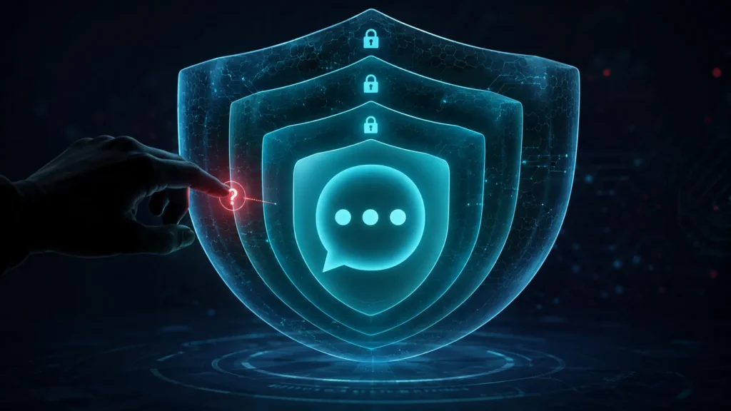 Illustration of a chat interface bubble wrapped in multiple layered shields, representing system prompt protection for Custom GPTs against extraction attempts.