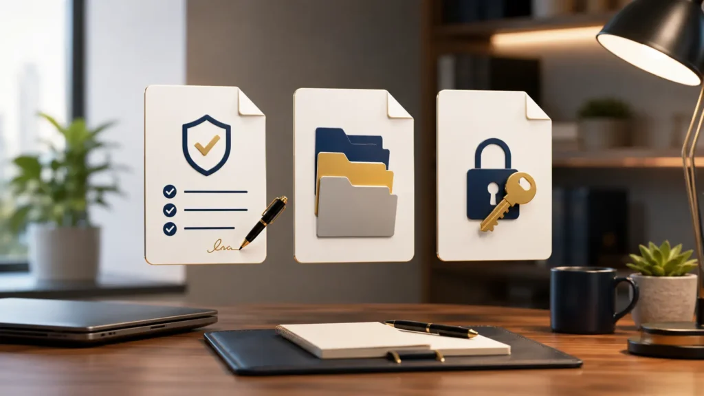 A layout displaying three governance document formats for user access, asset categorization, and infrastructure rules, showing the process of writing corporate security policies.