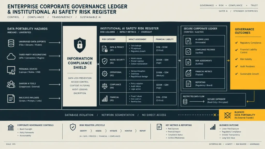 Flat modernist Swiss poster art utilizing sharp rectangular color blocks and minimalist lines to represent structural compliance columns and liability boundaries, illustrating data-handling frameworks built to maintain an institutional AI safety risk register.