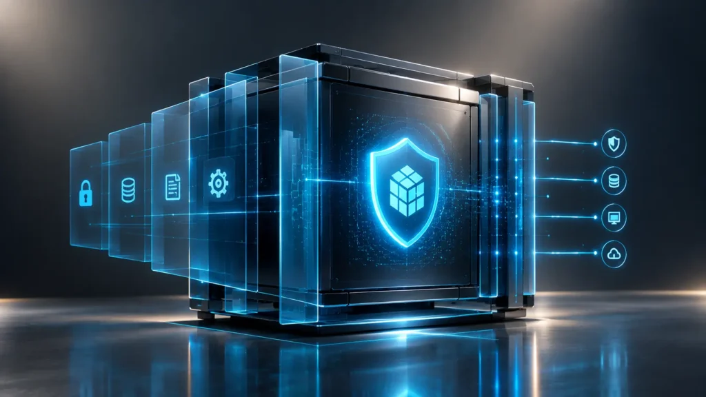 Modern minimalist 3D rendering of a secure, hardened data vault protecting internal workspace files, symbolizing the locking down of corporate adobe ai content privacy settings.