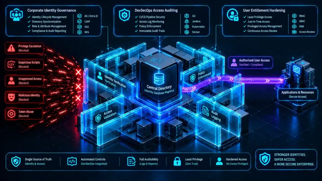 Isometric 3D architectural diagram featuring a sharp cubic grid matrix and linear security corridors protecting a central monolithic directory registry, illustrating an identity governance track built to run an automated access review.