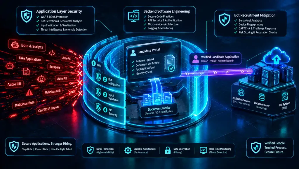 Isometric 3D architectural diagram illustrating the implementation of an edge middleware stack designed to block credential stuffing inside public-facing business forms, demonstrating automated traffic tracking loops dropping malicious bots at the perimeter.