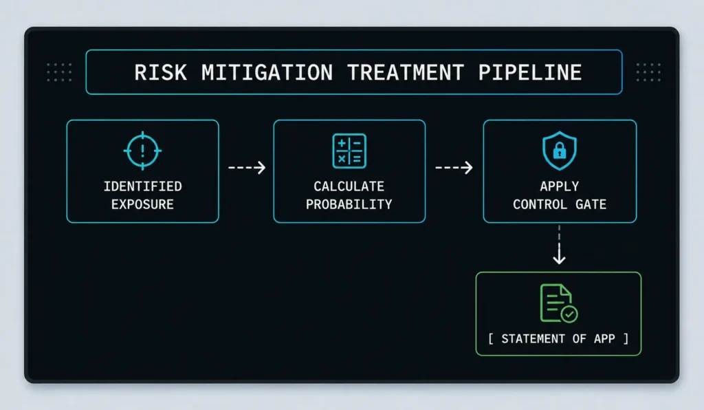 A technical flowchart mapping out the risk mitigation treatment pipeline for building an ISMS framework, showing the path from exposure calculation to the Statement of Applicability.