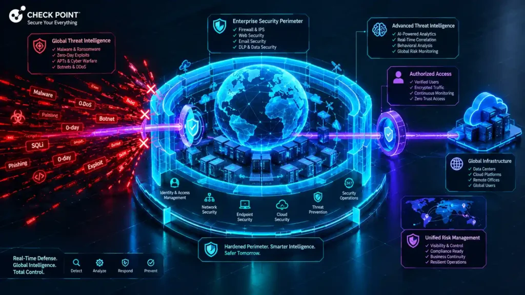 Isometric 3D architectural diagram illustrating the structural breakdown of the check point cyber security report, demonstrating how a secure enterprise network architecture isolates edge vulnerabilities and multi-channel threat loops.