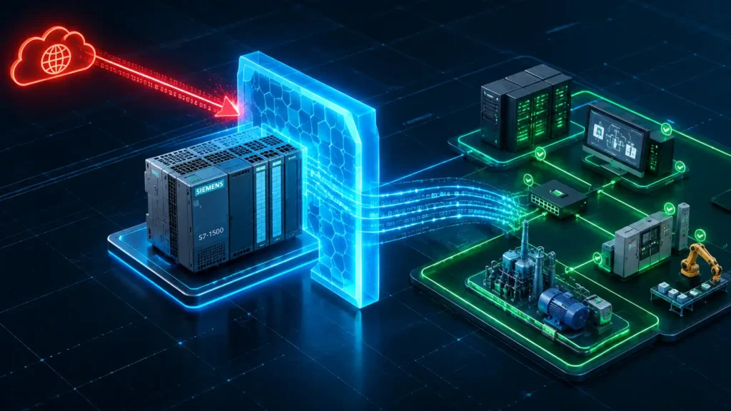 Industrial isometric 3D graphic demonstrating the implementation of the cisa siemens s7 advisory framework, showing an isolated OT network layout blocking unauthenticated traffic streams away from control systems.