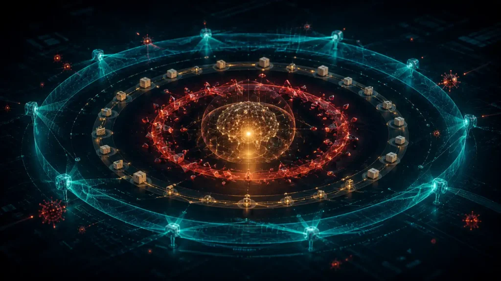 A technical network schematic showcasing a neural network core insulated by multi-layered defensive scanning boundaries to intercept prompt injection and supply-chain exploits as detailed in the Cisco State of AI Security 2026 report.