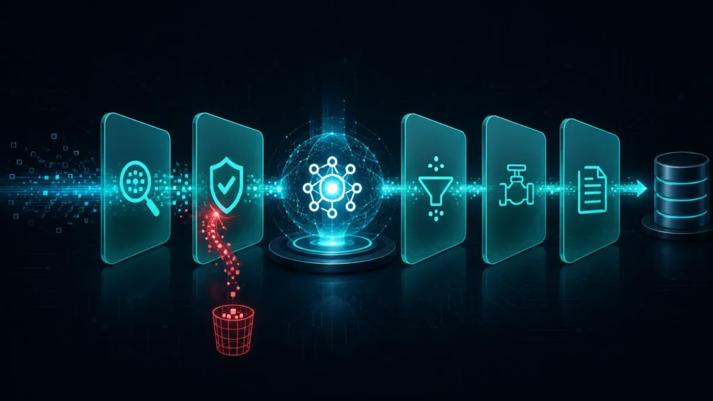 A technical application schematic showing an autonomous AI agent core insulated by five structural security filters to configure open source guardrails against prompt injection exploits.