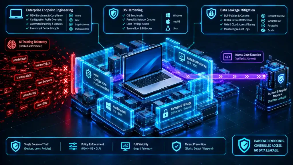 Isometric 3D architectural diagram mapping the disable apple intelligence training endpoint patterns, featuring a sharp cubic grid matrix and linear security corridors protecting a central monolithic desktop interface by blocking background AI training telemetry at the perimeter.